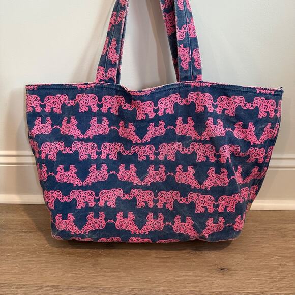 Lilly Pulitzer Elephant Printed Denim Tote Bag Navy Blue/Pink Distressed Carryal - Picture 5 of 12